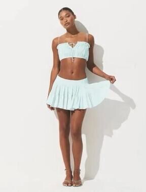 NWT SKIMS Voile Pleated Mini Skirt Frost Pastel Blue Tiered Ruffle Cotton 3X